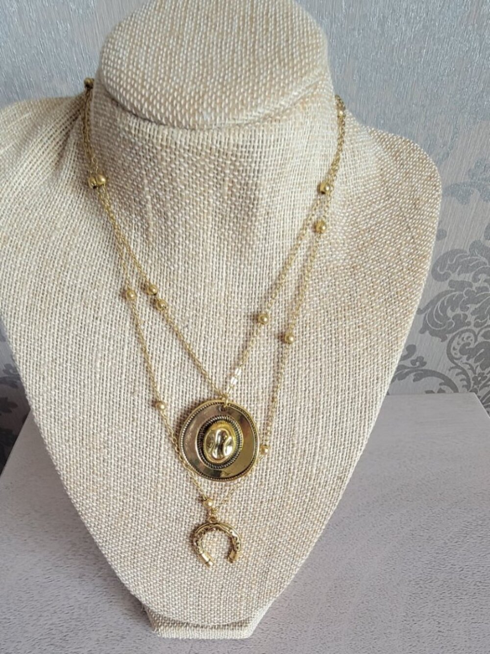Gold Tone Layer Horseshoe and Cowboy Hat Necklace